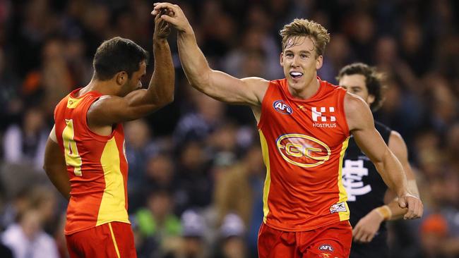 Tom Lynch celebrates a goal with Jack Martin. Picture: Michael Klein