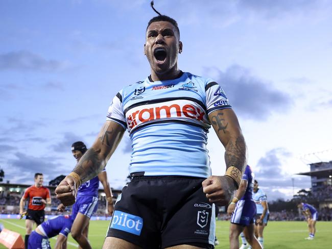 SYDNEY, AUSTRALIA - MARCH 15: Sione Katoa of the Sharks celebrates after scoring a try during the round two NRL match between Cronulla Sharks and Canterbury Bulldogs at PointsBet Stadium on March 15, 2024, in Sydney, Australia. (Photo by Mark Metcalfe/Getty Images)