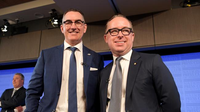 Qantas CEO Alan Joyce (right) and Virgin Australia CEO Paul Scurrah at the National Press Club in Canberra last year. Picture: Getty Images