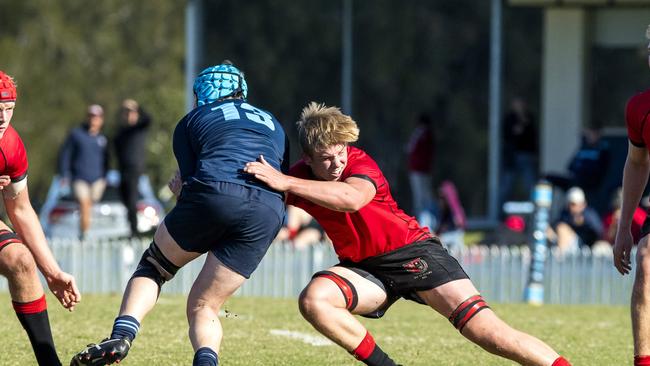 Tom Robinson tackles Will Sheedy in the GPS 1st XV Rugby game between Brisbane Grammar and Gregory Terrace at Northgate, Saturday, July 30, 2022 – Picture: Richard Walker