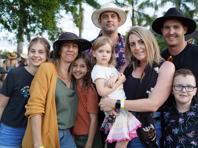 Olivia Downes, 12, mum Melinda Downes, Emma Downes, 9, Evelyn Downes, 3, dad Simon Downes, mum Georgina Van Den Heuvel, dad Luke Van Den Heuvel and son Jackson Van Den Heuvel, 8, at the G&amp;S Engineering Wine and Food Day in Queens Park, Mackay, Saturday, July 17, 2021. Picture: Heidi Petith