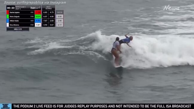 Shocking sportsmanship as rival tries to push Aussie off surfboard