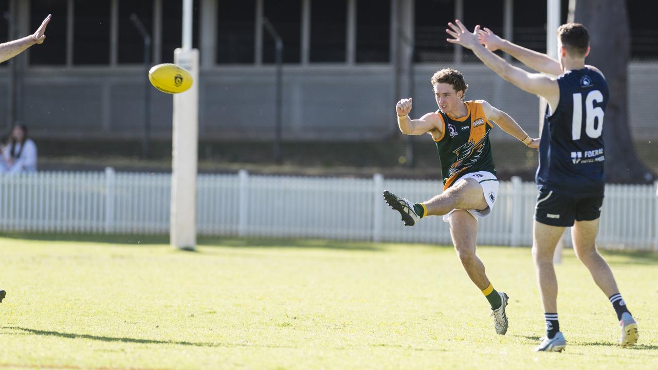 Nick Schmidhauser of Goondiwindi Hawks against Coolaroo in AFL Darling Downs Allied Cup senior men grand final at Rockville Park, Saturday, September 2, 2023. Picture: Kevin Farmer