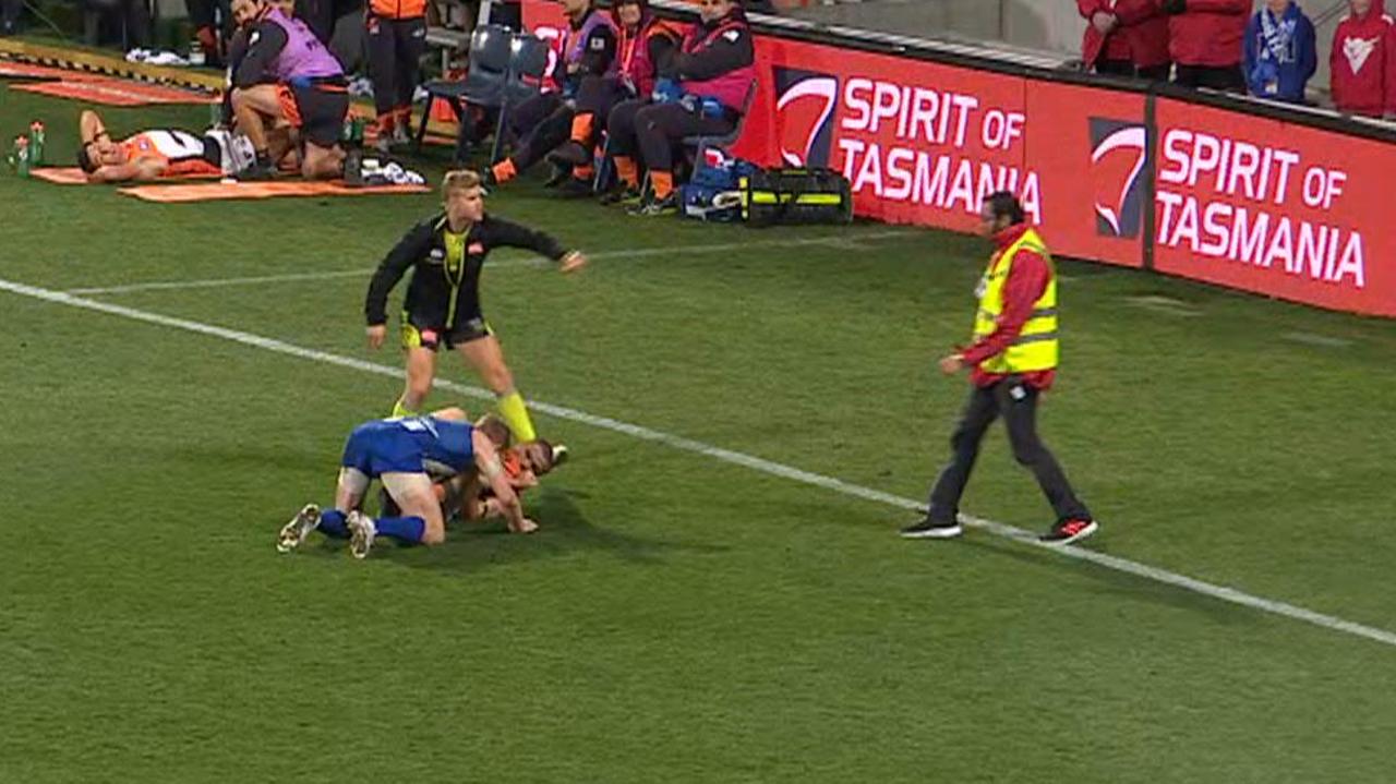 AFL 2019: Vision emerges of security guard stepping onto Blundstone Arena about to break up on-field tussle