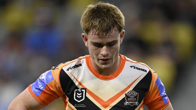 TOWNSVILLE, AUSTRALIA - MAY 24: Lachlan Galvin of the Tigers looks dejected after a Cowboys try during the round 12 NRL match between North Queensland Cowboys and Wests Tigers at Qld Country Bank Stadium, on May 24, 2024, in Townsville, Australia. (Photo by Ian Hitchcock/Getty Images)