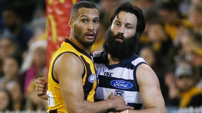 Josh Gibson and Jimmy Bartel during the qualifying final. Picture: Colleen Petch