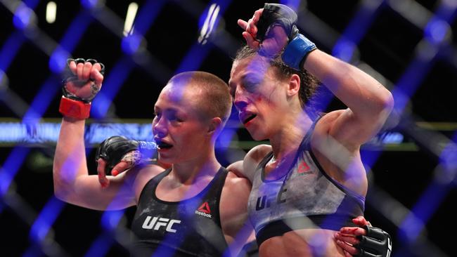 NEW YORK, NY — APRIL 07: UFC strawweight champion Rose Namajunas (L) and Joanna Jedrzejczyk (R) congratulate each other after their UFC women's strawweight championship bout at UFC 223 at Barclays Center on April 7, 2018 in New York City. Ed Mulholland/Getty Images/AFP == FOR NEWSPAPERS, INTERNET, TELCOS &amp; TELEVISION USE ONLY ==