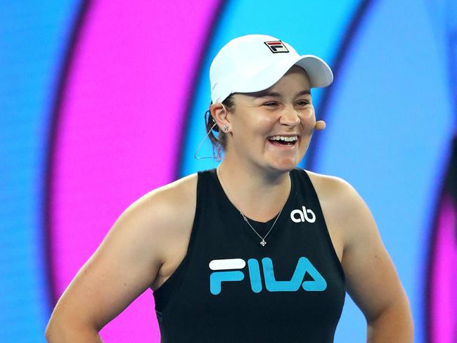 MELBOURNE, AUSTRALIA - JANUARY 14: Ash Barty of Australia reacts at Kids Tennis Day presented by Emirates ahead of the 2023 Australian Open at Melbourne Park on January 14, 2023 in Melbourne, Australia. (Photo by Kelly Defina/Getty Images)