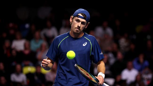 LONDON, ENGLAND - DECEMBER 08: Alex 'The Demon' de Minaur of Australia celebrates a point against Holger 'The Viking' Rune of Denmark in the final during the UTS Grand Final London 2024 at ExCel London on December 08, 2024 in London, England. (Photo by Julian Finney/Getty Images)