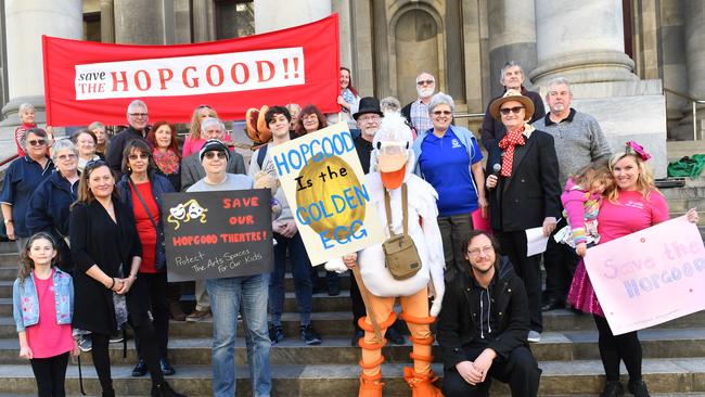 The Save the Hopgood Theatre group staging a protest on the steps at Parliament House. Picture: AAP/ Keryn Stevens.