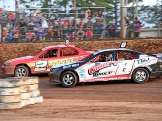 MORE ACTION: Chris Pagel (G2) and Josh Crang (G8) battle it out at Maryborough Speedway Production Sedan Kurt Murdoch Classic in 2017. Picture: Alistair Brightman