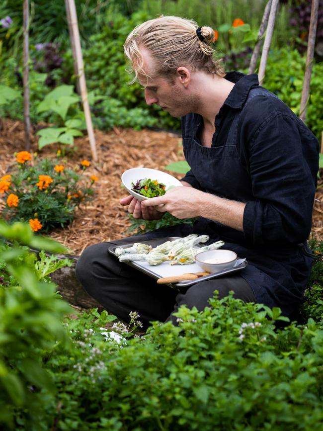 Head chef Taylor Cullen, pictured, harvests produce for the menu daily. Picture: supplied