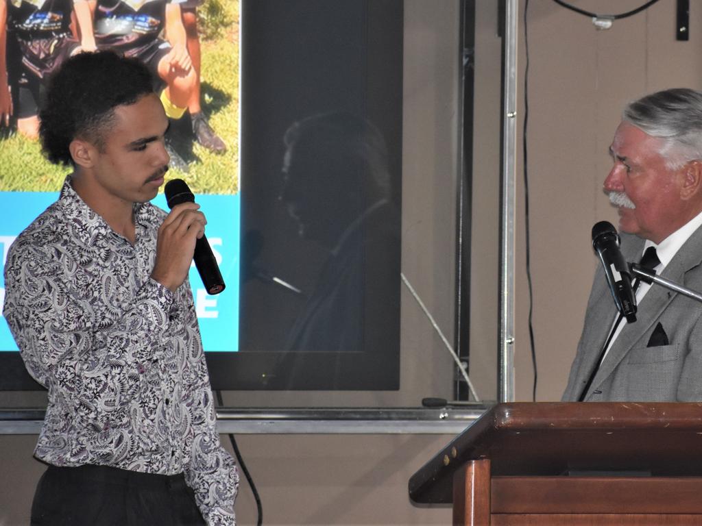 Host Mike Rabbitt interviews Junior Male Sportsperson of the Year nominee Jamal Laurie at the 2020 Clarence Valley Sports Awards at Grafton District Services Club on Saturday, 14th November, 2020. Photo Bill North / The Daily Examiner