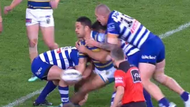 Hayne gets an offload away under pressure against Canterbury. Picture: Fox League