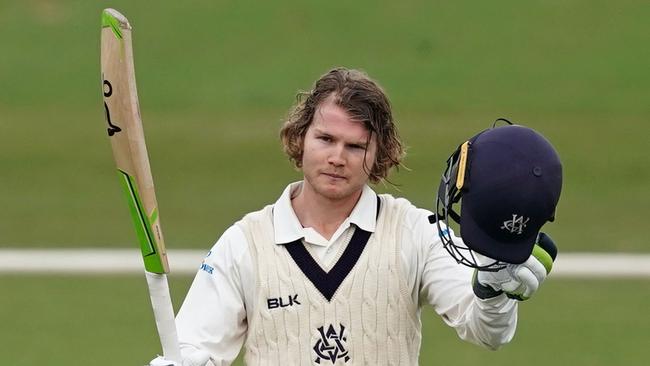 Will Pucovski celebrates a Sheffield Shield century for Victoria.