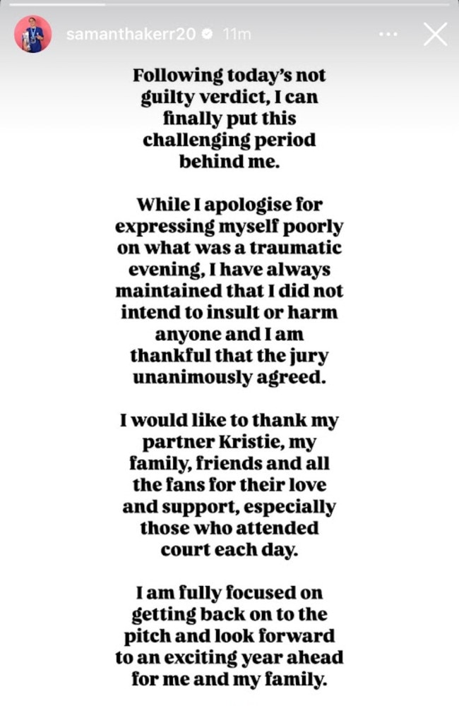 Sam Kerr has published a statement to her Instagram page following the end of her trial in London