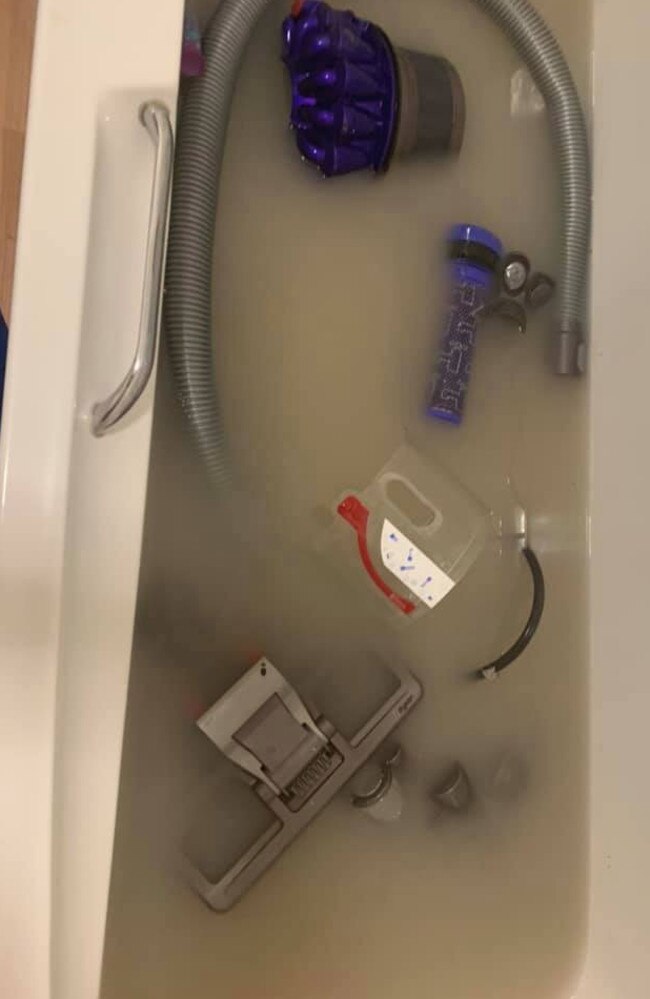 She soaked individual parts of the machine in her tub, but Dyson has warned against it, saying only one component can be washed. Picture: Facebook/WeLoveMrsHinch