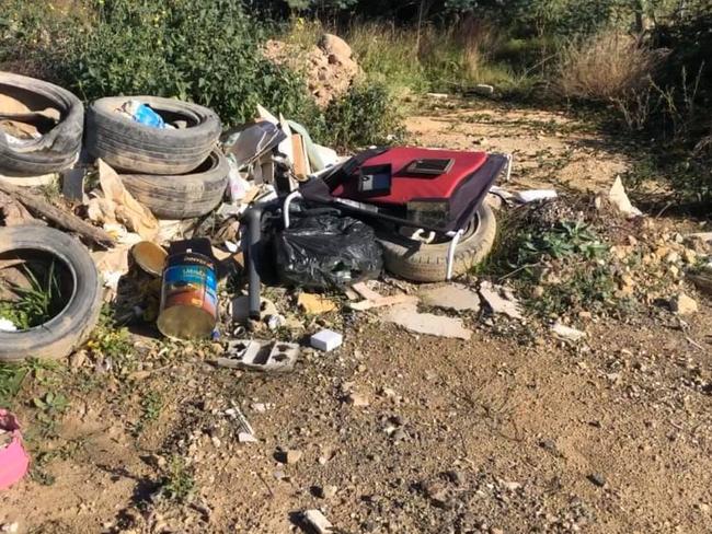 Dumped tyres and building rubble in Diamond Creek.