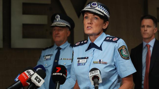 NSW Police Commissioner Karen Webb holds a press conference after hundreds clashed with police in western Sydney after Assyrian Orthodox Christian bishop Mar Mari Emmanuel was allegedly stabbed at the alter at his church in Wakeley. Picture: Lisa Maree Williams/Getty Images