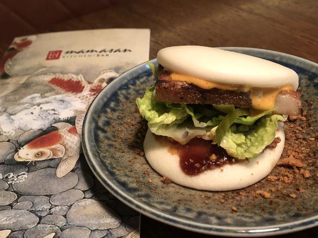 Mamasan soft shell crab bao on a Chinese steamed bun with Mama tartare sauce.