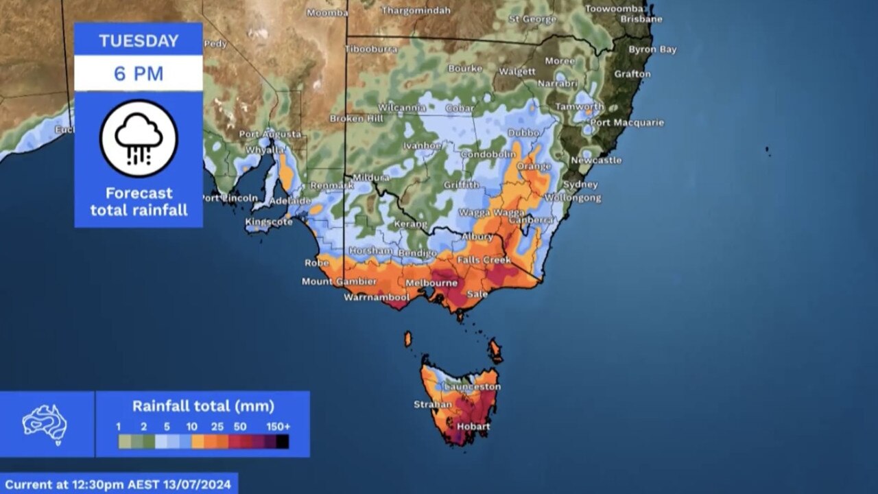 High rainfall totals are forecast to continue across large parts of Victoria, Tasmania and NSW. Picture: Bureau of Meteorology