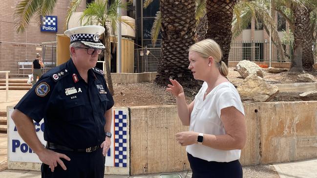 Police Minister Nicole Manison speaks with Police Commissioner Jamie Chalker out the front of Alice Springs police station.