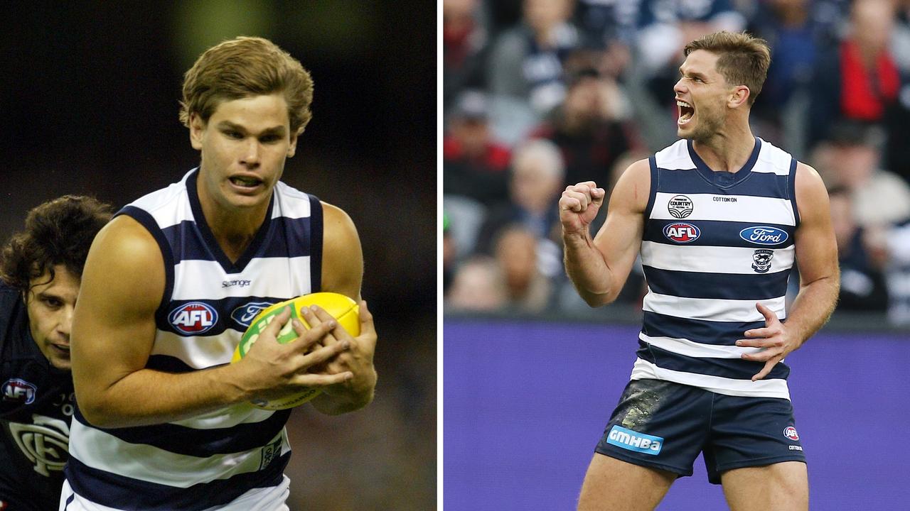 A fresh-faced Tom Hawkins in 2007 — and the Geelong star now.