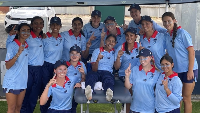 The NSW Metro team, with Shiloh Julien sitting on the bench, after the side won the under-16 female cricket championships in Ballarat. Picture: Shane Jones.