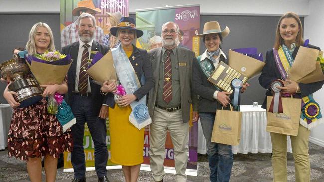 Ashleigh Hedges of Yeppoon (CQ Showgirl), Trevor Beckingham (General Manager Qld Ag Show), Shannyn Hopkins of Marlborough (CQ Showgirls runner-up), Peter Curtis (President CQ Sub Chamber), Olivia Lindley of Marlborough (Rural Ambassador) and Claire Patterson of Marlborough (Rural Ambassador runner-up) at the awards. Picture: Jann Houley