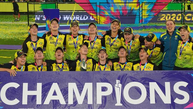 The Australian women’s T20 cricket team celebrate their World Cup win earlier in the year. Picture: AAP Image/Scott Barbour