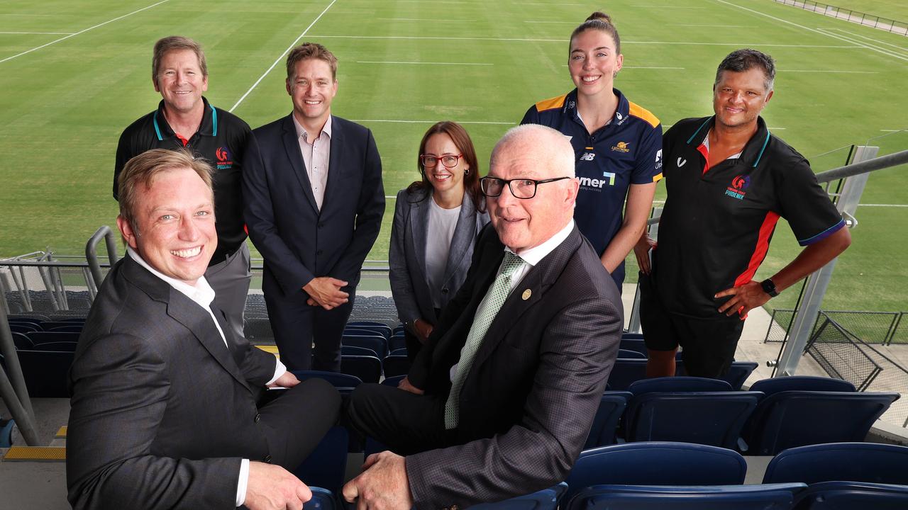 Sunshine Coast Mayor Mark Jamieson and Deputy Premier Steven Miles at the Sunshine Coast Stadium. Picture: Annette Dew