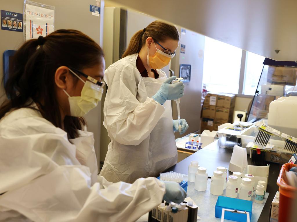 Glenda Daza and Emily Degli-Angeli work on samples collected in the Novavax phase 3 Covid-19 clinical vaccine trial in Seattle, Washington. Picture: Getty Images