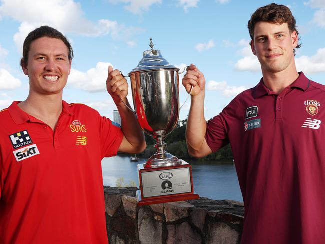 GC Suns Tom Berry and Brisbane Lions Jarrod Berry at Kangaroo Point ahead of the Q Clash. Picture: Liam Kidston