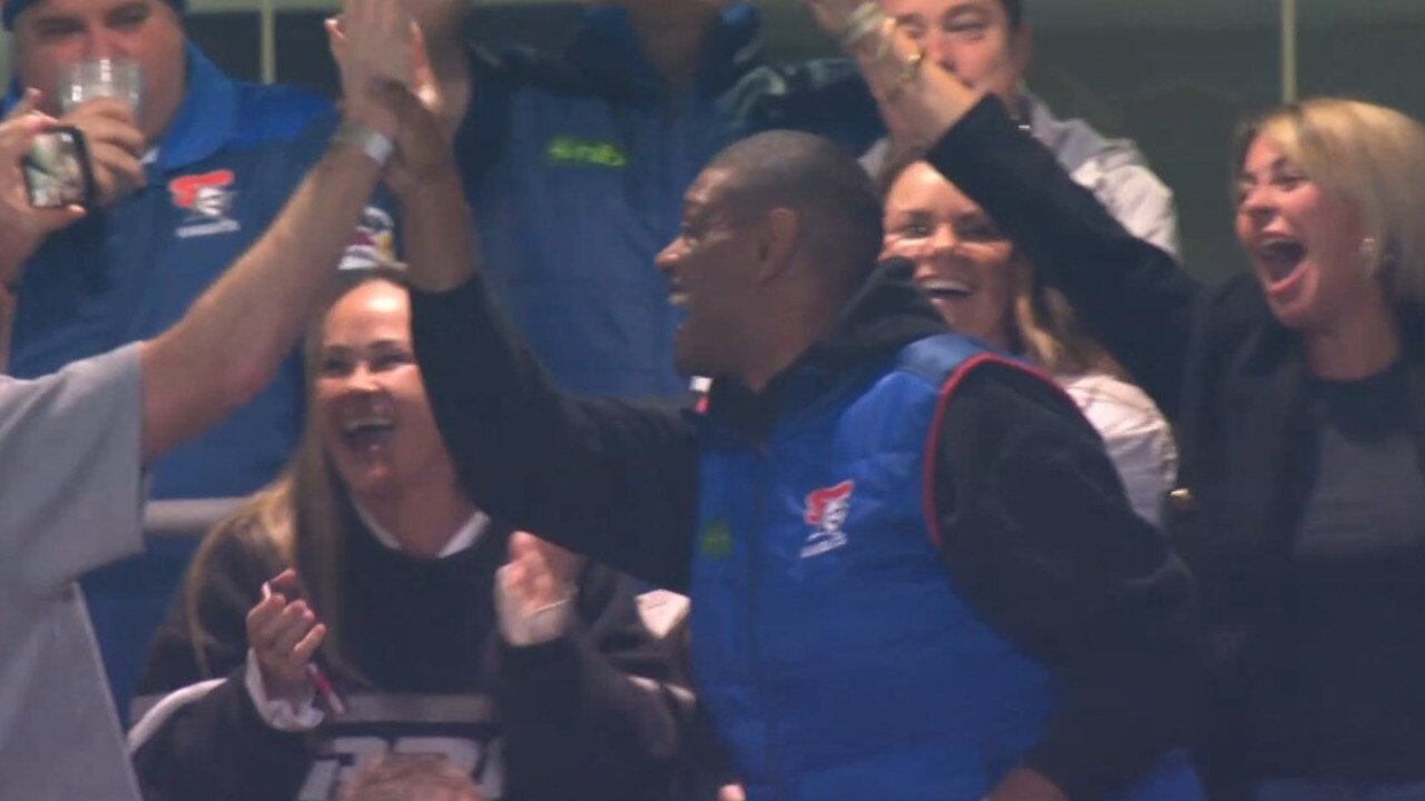 Leon Pryce went nuts in the stands after the try. Photo: Fox Sports