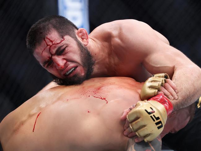 Makhachev took plenty of damage. (Photo by Luke Hales/Getty Images)