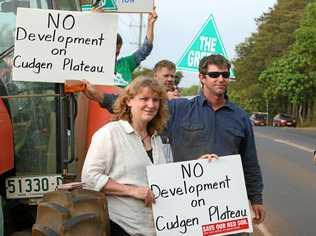 Tweed District Mayor Katie Milne and James Paddon at this mornings protest outside the site of the new Tweed Valley Hospital at Cudgen. Photo Scott Powick. Picture: Scott Powick