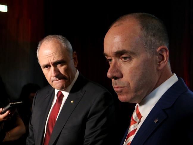 19/12/2018 NAB Chairman Ken Henry and CEO Andrew Thorburn speaking at a press conference after the AGM at Melbourne Convention Centre.Picture : David Geraghty / The Australian.