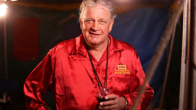 Fred Brophy and his crew travel across Queensland in the world’s last legal boxing tent to small outback towns where people can challenge his fighters for a prize. Picture: Adam Taylor