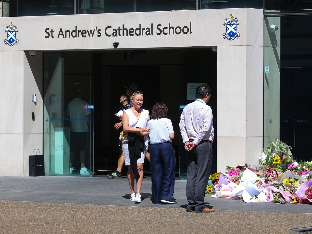 Floral tributes left for Lilie James outside the St Andrew’s Cathedral School. Picture: NCA NewsWire/Gaye Gerard