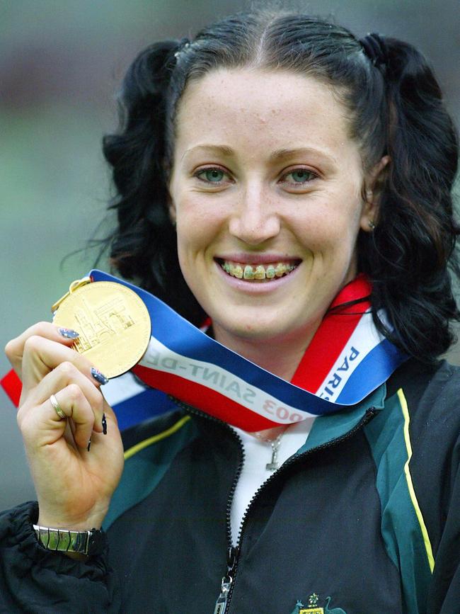 Jana Pittman after winning the 400m hurdles at the 2003 world champs. Photo: Michael Steele/Getty Images