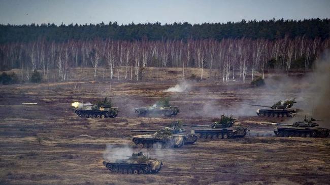 Russian and Belarus tanks during joint exercises of the armed forces of Russia and Belarus as part of an inspection of the Union State's Response Force, at a firing range near Brest.