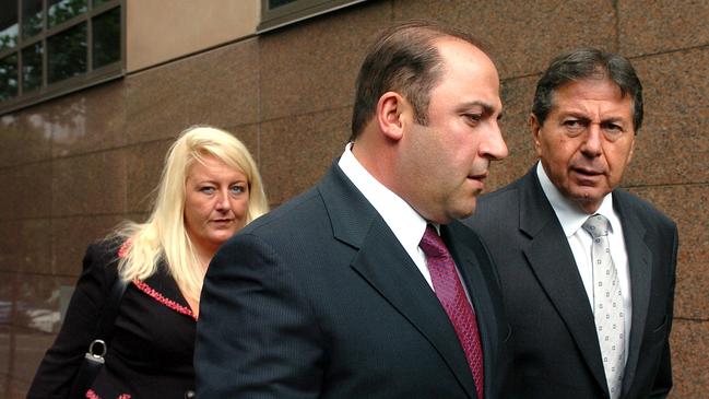 Gangland boss, Tony Mokbel with his legal team Nicola Gobbo (left) and Con Heliotis QC (right) outside the Magistrates Court in 2004.