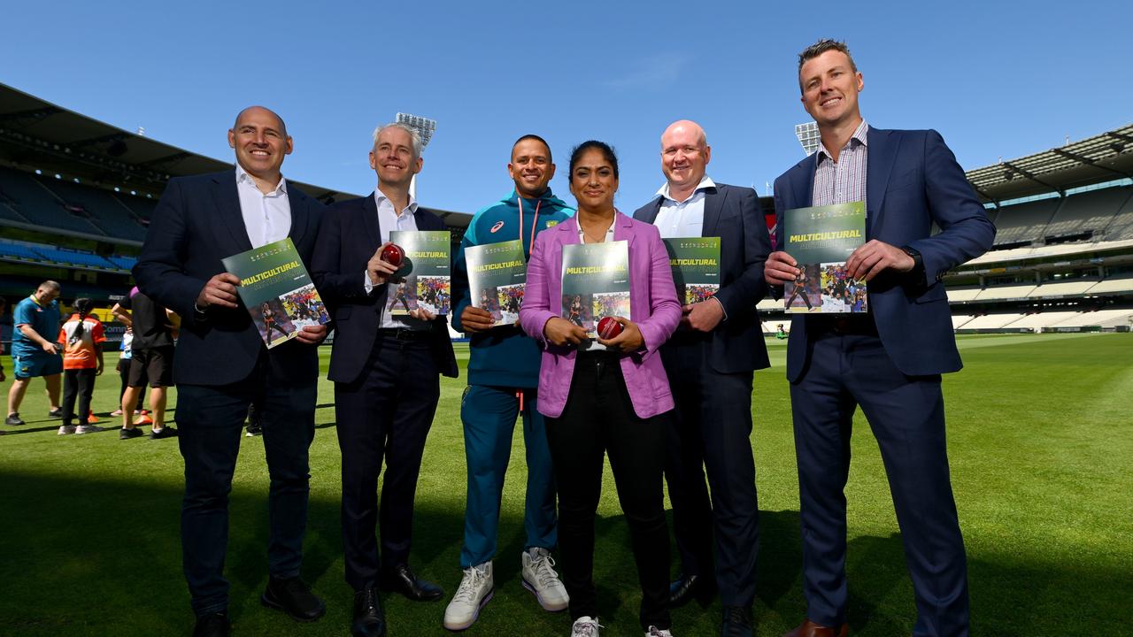 Cricket Australia CEO Nick Hockley, Minister for Immigration, Citizenship and Multicultural Affairs Andrew Giles, Usman Khawaja, Lisa Sthalekar, Nick Cummins and James Allsopp at the launch of Cricket Australia's Multicultural Action Plan last December. Picture: Morgan Hancock/Getty Images