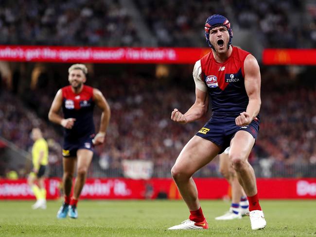 Angus Brayshaw celebrates a grand final goal. Picture: Dylan Burns/AFL Photos via Getty Images