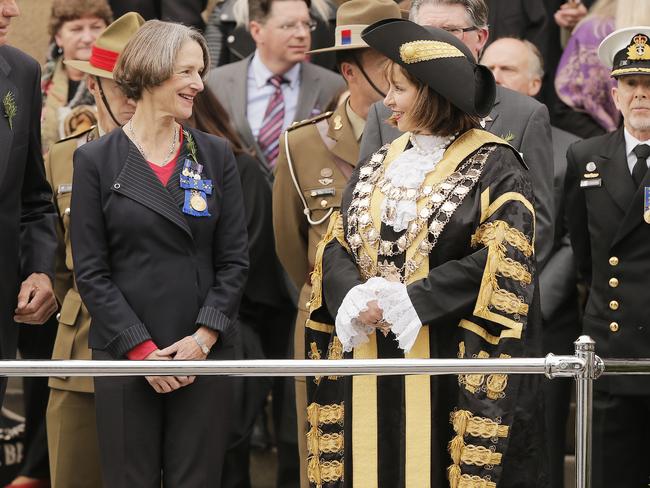 Governor Kate Warner and then-Lord Mayor Sue Hickey during an ANZAC Day parade. Picture: MATHEW FARRELL