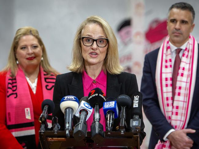 Thunderbirds and Netball SA CEO Bronwyn Klei, flanked by SA Sports Minister Katrine Hildyard and Premier Peter Malinauskas who have backed the stadium gamble. Picture: NCA NewsWire /Emma Brasier