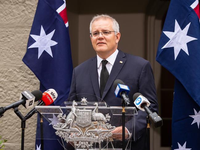 Prime Minister Scott Morrison during a press conference about the death of HRH Prince Philip. Picture: Julian Andrews.