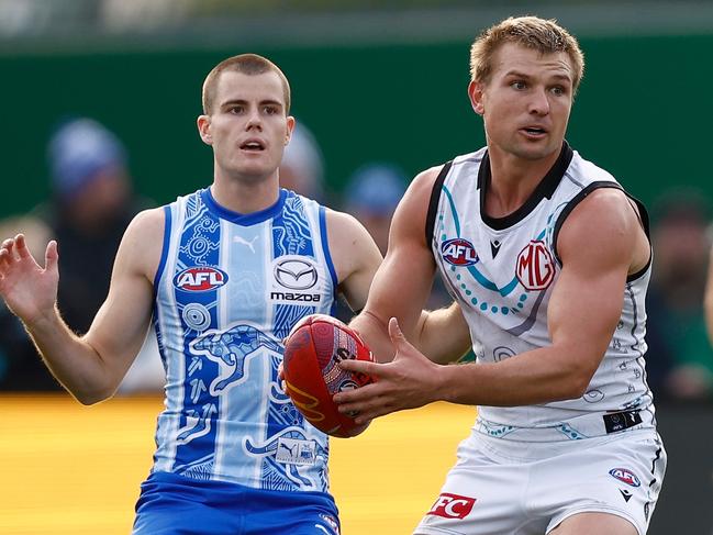 HOBART, AUSTRALIA - MAY 25: Ollie Wines of the Power in action during the 2024 AFL Round 11 match between the North Melbourne Kangaroos and Yartapuulti (Port Adelaide) at Blundstone Arena on May 25, 2024 in Hobart, Australia. (Photo by Michael Willson/AFL Photos via Getty Images)