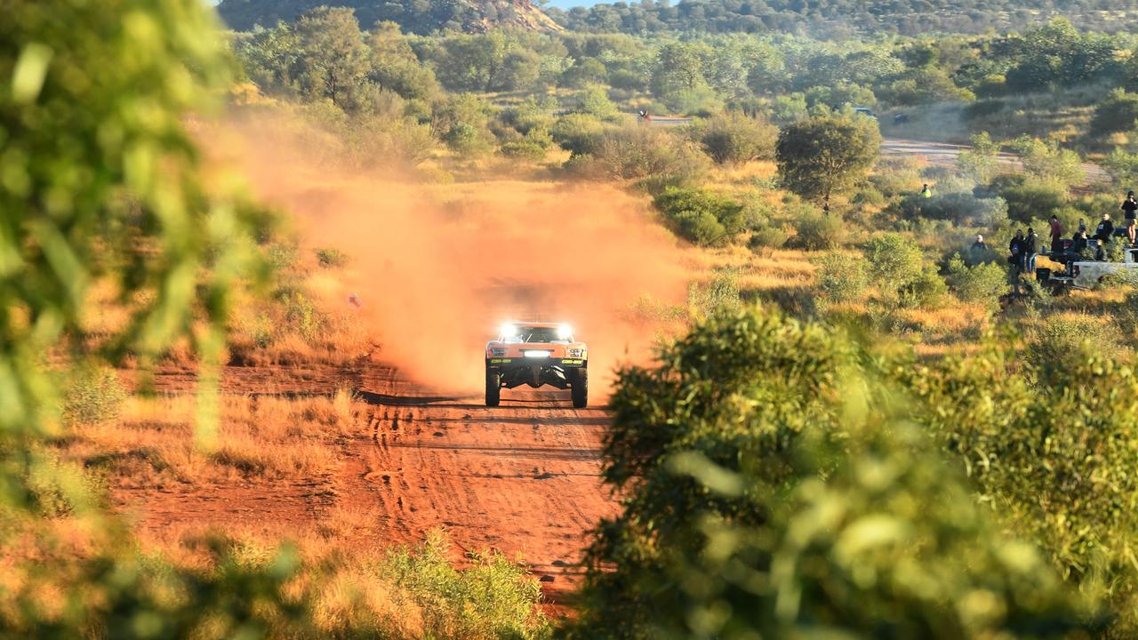 Finke drivers come over the 30km first on day 1 of the Finke Desert Race. Picture: (A)manda Parkinson