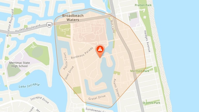 An Energex map showing where a snap power outage is affecting central Gold Coast suburbs Broadbeach and Mermaid.